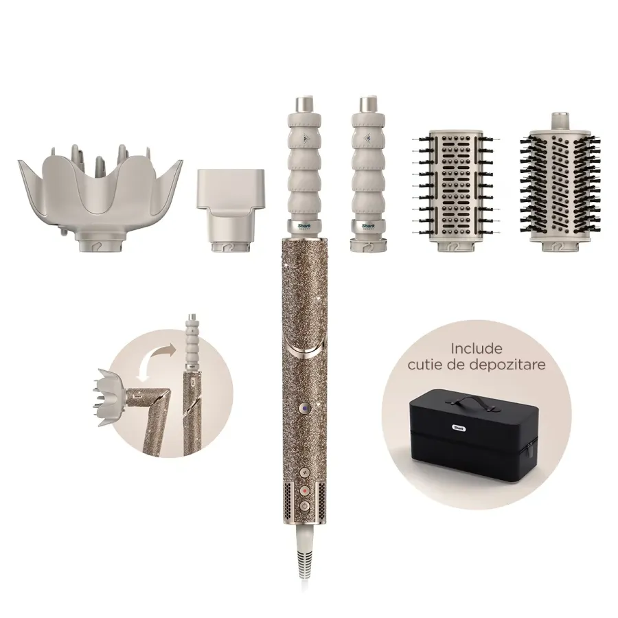 Uscător de Par Multifuncțional Shark FlexStyle Sparkle cu 5 Accesorii pentru Coafare 1600W Ediție Limitată Gold Diamond