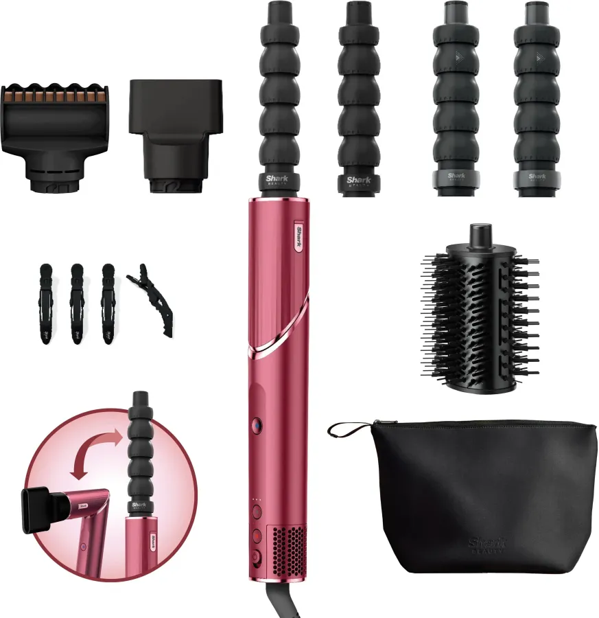 Uscător de Par și Aparat de Coafat Shark FlexStyle 5-in-1 3 Setări Viteza cu Accesorii Incluse și Geantă 1400W Black Cherry