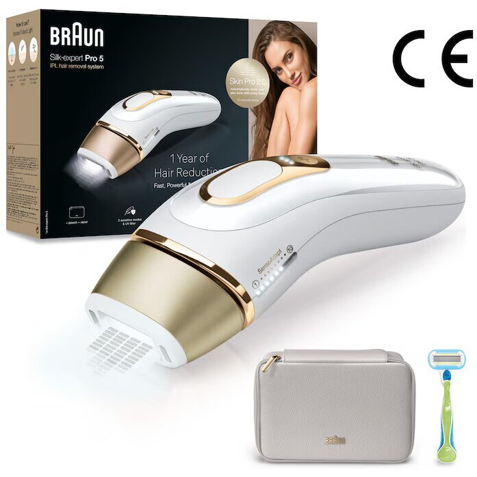 Epilator Silk-expert Pro 5 PL5052 Skin Pro 2.0 400.000 Impulsuri 10 Niveluri Intensitate 125 Impulsuri Minut Trusa Voiaj Aparat Ras Venus Alb Auriu
