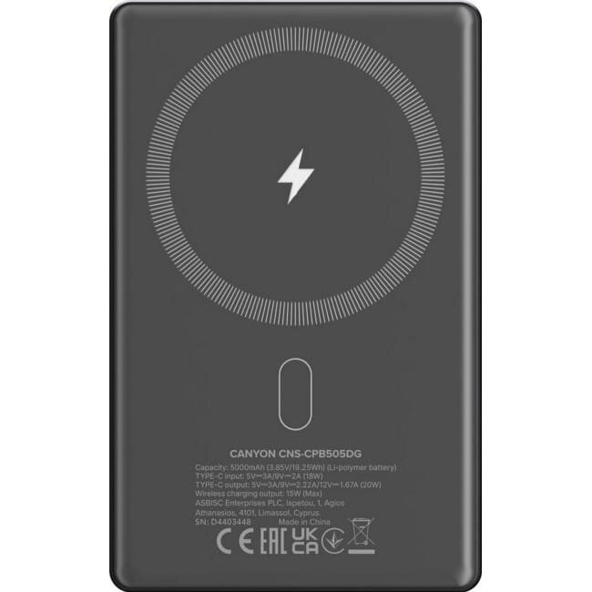 Baterie Externa Canyon OnPower 505 Slim MagSafe 5000mAh PD 20W Gri — imaginea 5