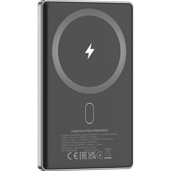 Baterie Externa Canyon OnPower 505 Slim MagSafe 5000mAh PD 20W Gri — imaginea 6