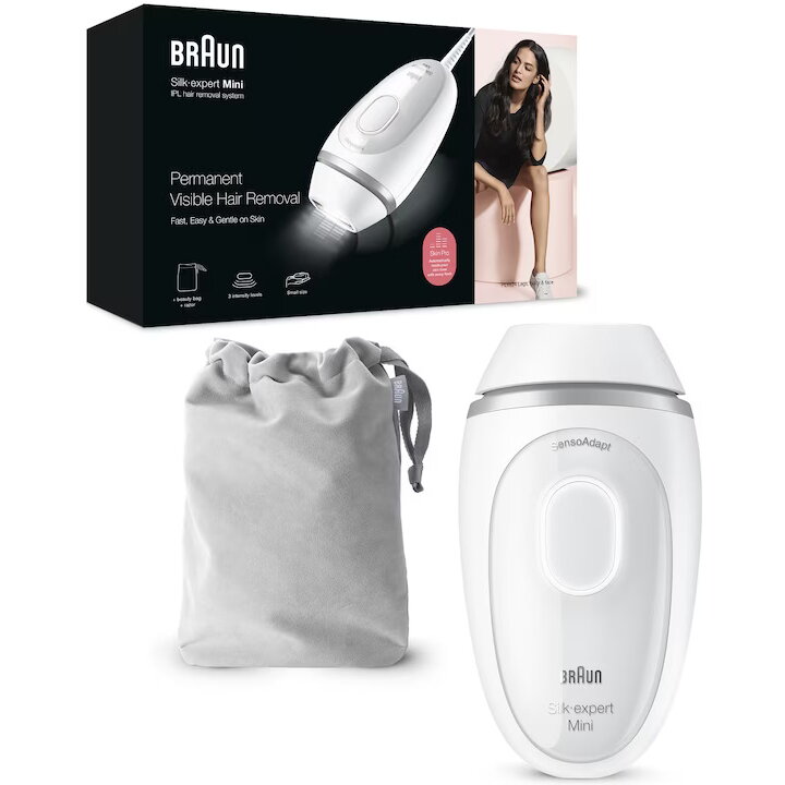 Epilator Braun IPL Silk·Expert Mini PL1124 SensoAdapt 300.000 Impulsuri 3 Niveluri de Intensitate Săculeț de Călătorie Alb/Gri