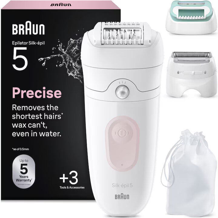 Epilator Braun Silk-Epil 5 5-050 Wet & Dry MicroGrip Smart Light 28 de Pensete 2 Viteze Alb/Flamingo