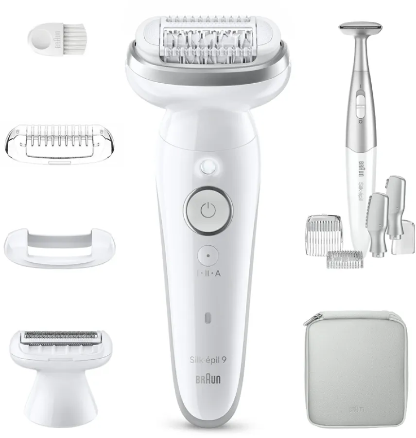 Epilator Braun Silk-épil 9 9-241 Wet & Dry MicroGrip Smart Light 2 Viteze 40 Pensete Trimmer Bikini + Accesorii Geantă de Voiaj Alb/Gri